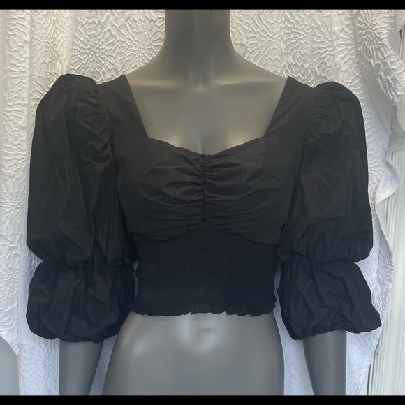 NWT TOPSHOP Black Puff Sleeve Taffeta Cropped Blouse Black Sz 8/10 - Picture 5 of 5